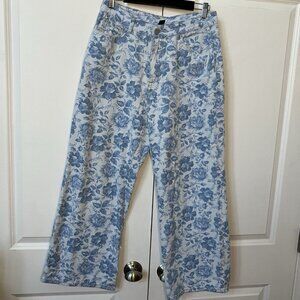 Cider Jeans Womens L Blue Denim Mid Rise Flowers Print Wide Leg Jeans